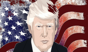 Grafisches Portrait von Donald Trump vor amerikanischer Flagge