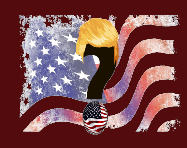 Grafik von Fragezeichen mit Perücke von Donald Trump vor amerikanischer Flagge