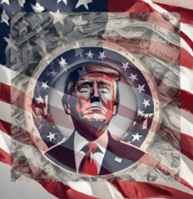 Illustration von Donald Trump vor amerikanische Flagge