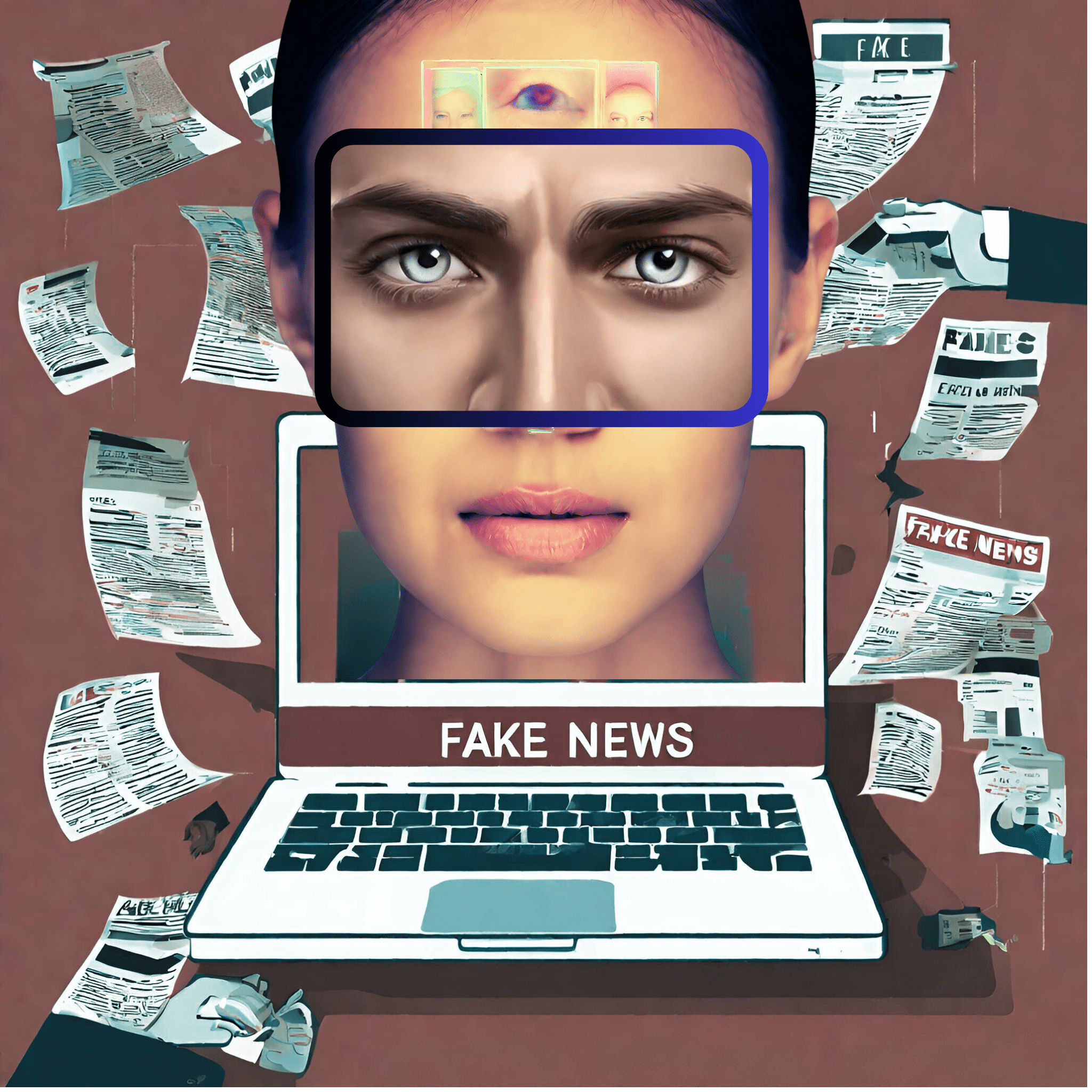 Ein durch Deepfake-Technik verändertes Gesicht erhebt sich aus einem aufgeschlagenen Laptop, auf dem Fake News steht. Im Hintergrund fallen Zeitungsseiten herunter. KI-Generiert mithilfe von Canva.