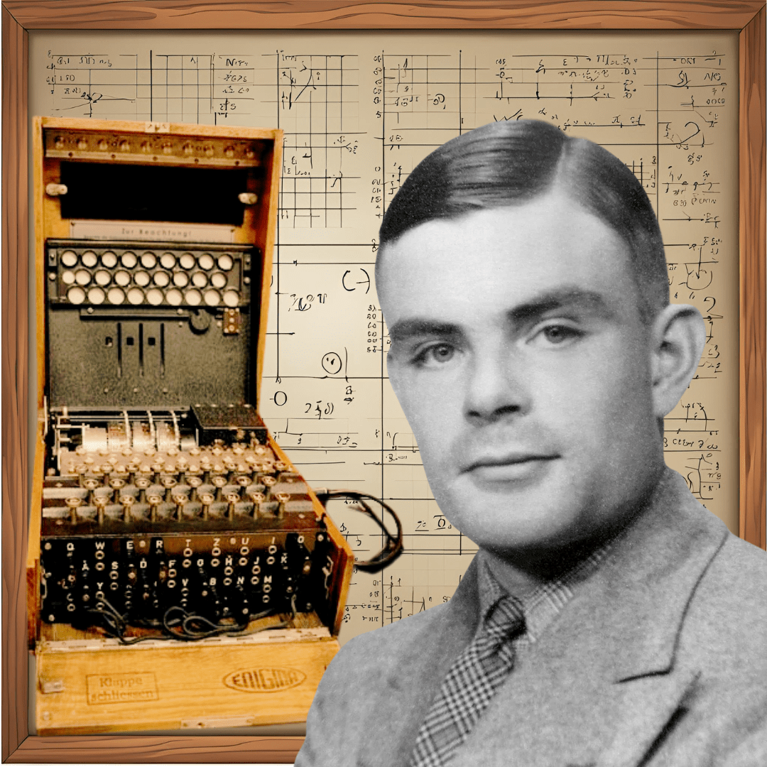 Links: Enigma-Maschine, rechts: Portrait von Alan Turing, im Hintergrund eine Tafel mit mathematischen Formeln darauf.